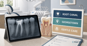 Dentist reviews a tooth X-ray with a patient in a Georgetown operatory, introducing a gentle root canal consultation.