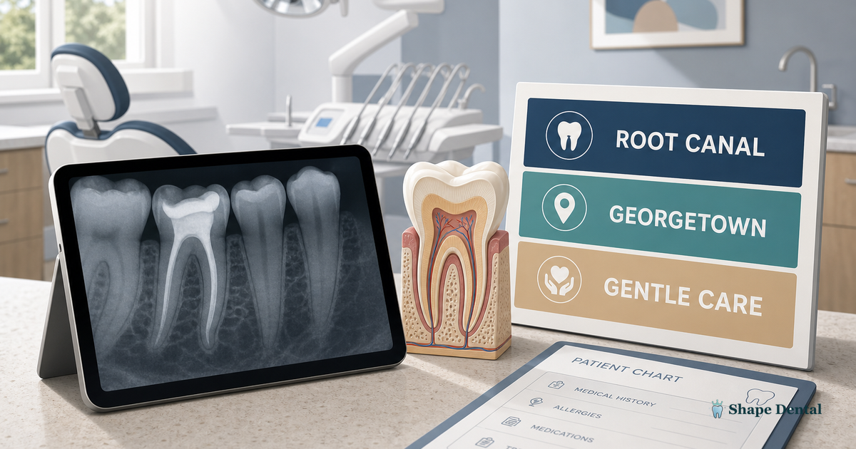 Dentist reviews a tooth X-ray with a patient in a Georgetown operatory, introducing a gentle root canal consultation.