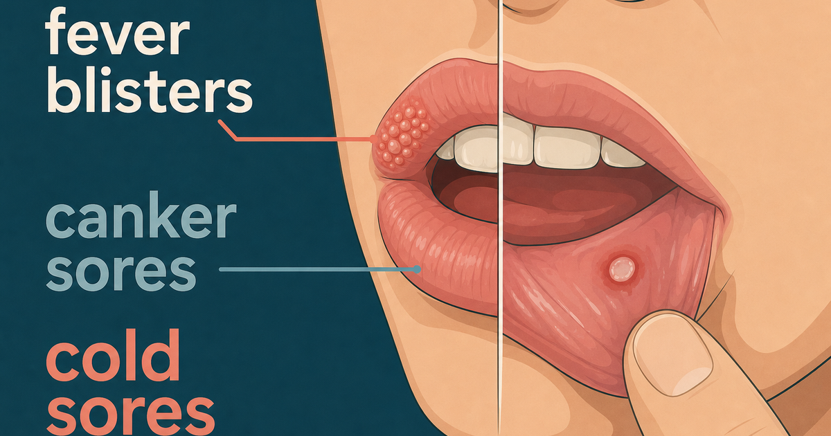 Split-mouth illustration showing a clustered blister on the outer lip and a round sore on the inner mouth for quick comparison.