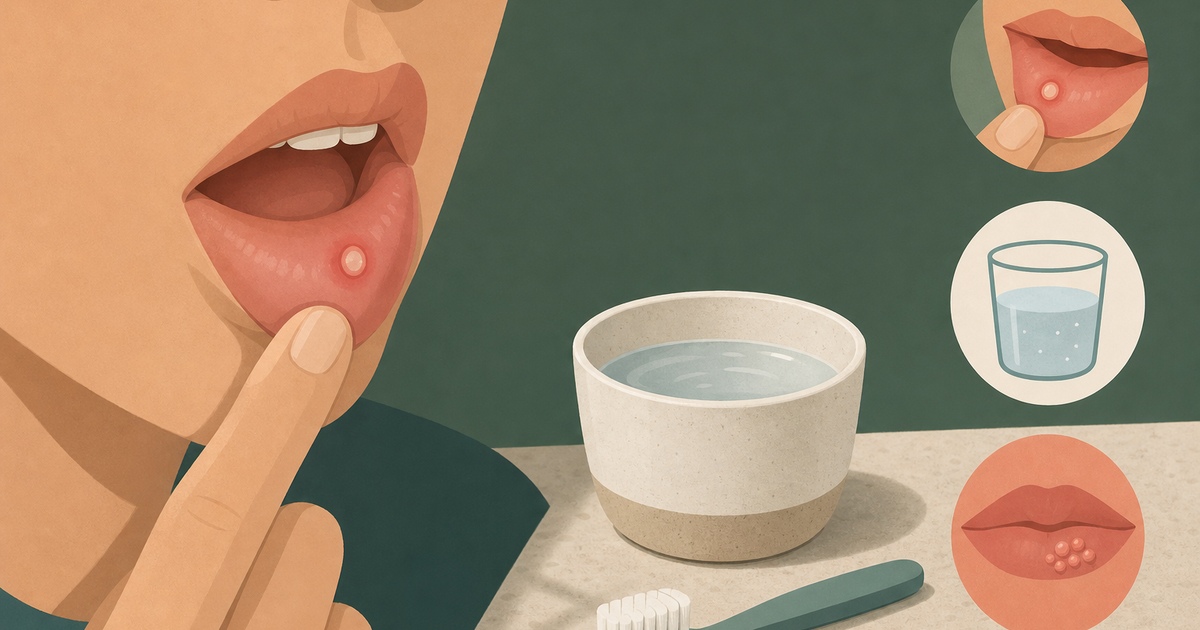 Inner-lip canker sore shown with a salt-water rinse cup and soft toothbrush beside it, reinforcing the article’s gentle first-step advice.