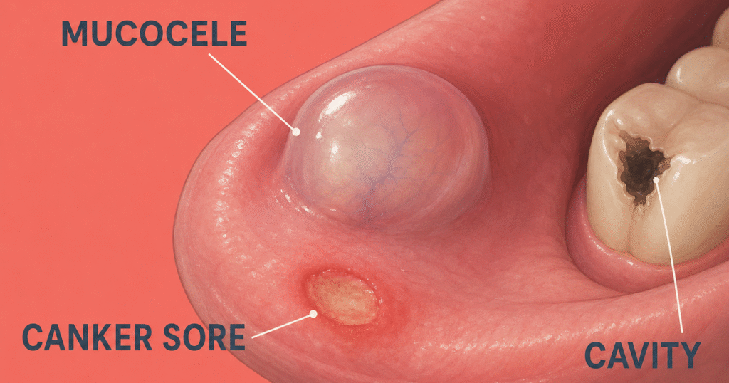 Inner-lip illustration with a smooth mucocele, nearby canker sore, and tooth edge showing how lip bumps differ from decay.