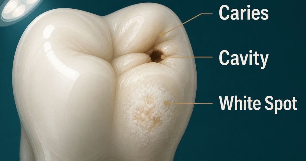 Illustration of a molar with a glossy healthy side beside an early chalky white lesion and faint brown staining.