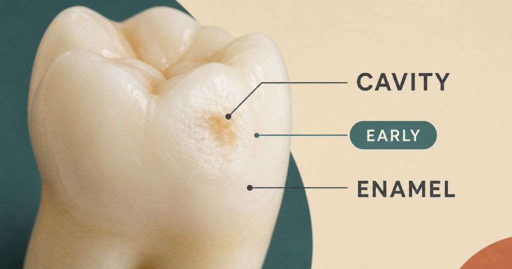 Single molar with a chalky white spot and faint brown discoloration on enamel, showing the kind of early change this article helps readers spot.