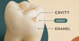Single molar with a chalky white spot and faint brown discoloration on enamel, showing the kind of early change this article helps readers spot.