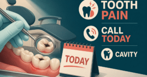 Dentist holding a mirror beside a painful molar and a calendar marked today, matching the article’s call-now guidance.