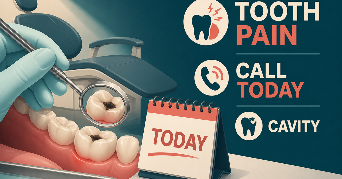 Dentist holding a mirror beside a painful molar and a calendar marked today, matching the article’s call-now guidance.