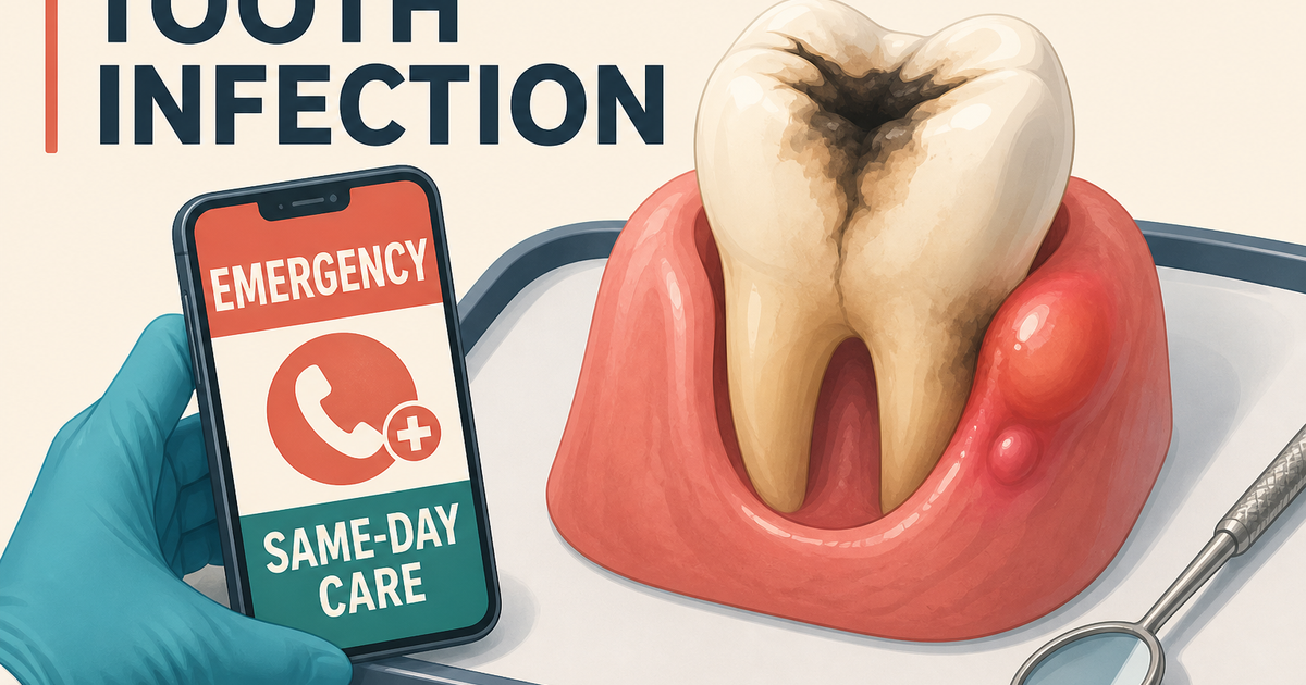 Illustration of a swollen molar on a clinical tray beside an urgent phone, reinforcing same-day care for infection symptoms.
