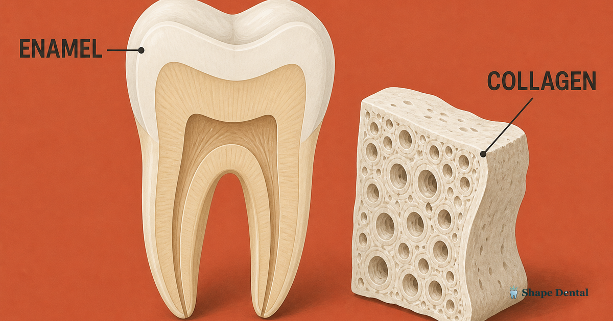 Tooth and bone fragment side by side with labels for enamel and collagen, illustrating the structural difference between teeth and bones.