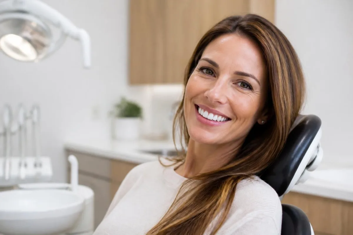 Woman with a bright white smile after cosmetic dentistry and teeth whitening in Georgetown, TX