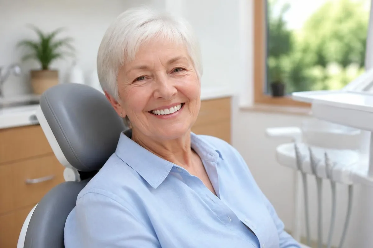 Smiling senior woman with natural-looking dentures in Georgetown, TX