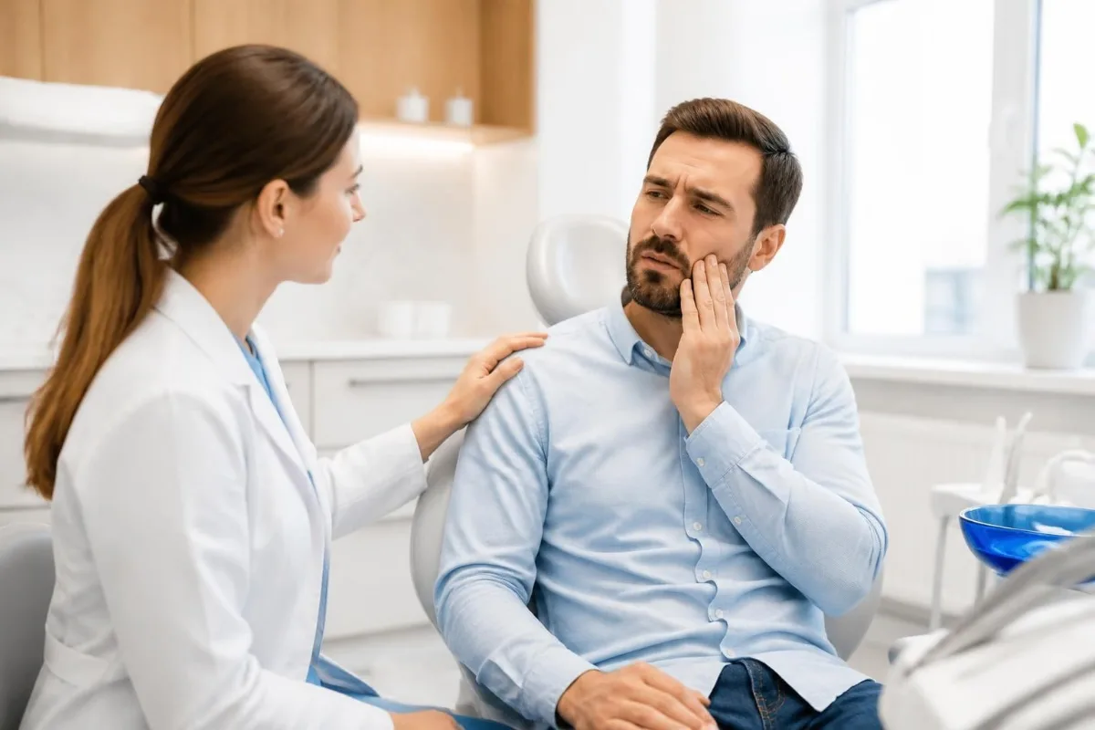 Emergency dentist examining a patient with a toothache in Georgetown, TX