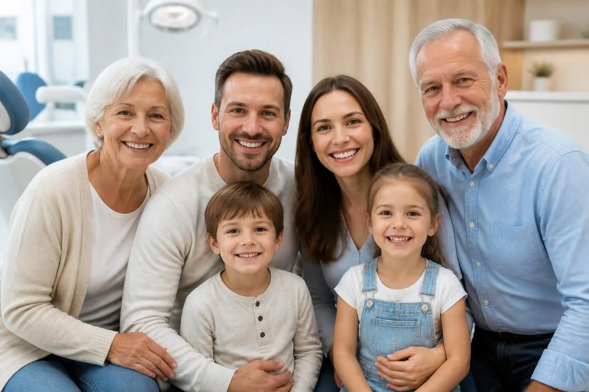 Grandparents, parents and children smiling together at a family dentist in Georgetown, TX
